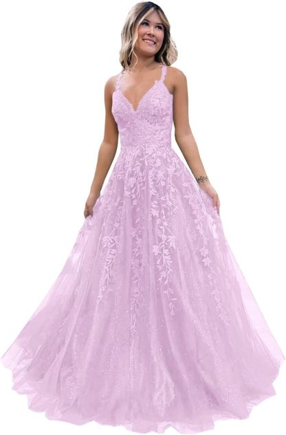 Tulle Lace Appliques Sparkly Prom Dresses A Line with Slit V Neck Formal Party Dress-BMbridal.UK