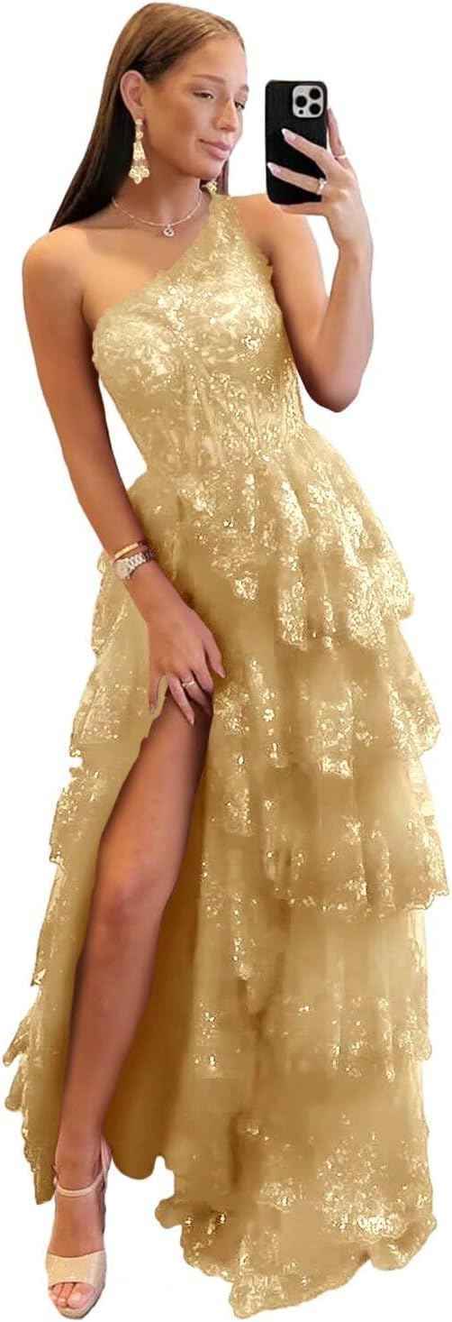 One Shoulder Lace Tulle Tiered Prom Dress Sparkly Sequined Applique Long Maxi Formal Evening Party Gowns 2025-BMbridal.UK