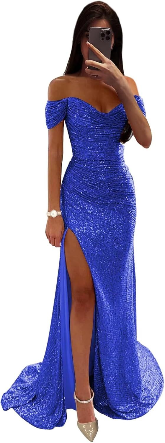 Sequin Prom Dresses for Women Off Shoulder V-Neck Long Ball Gown with Slit Formal Evening Party-BMbridal.UK