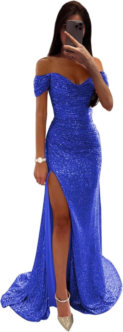 Sequin Prom Dresses for Women Off Shoulder V-Neck Long Ball Gown with Slit Formal Evening Party-BMbridal.UK