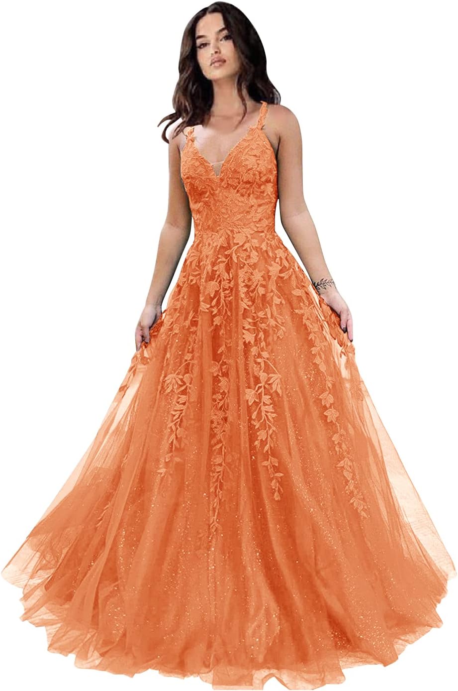 Tulle Prom Dresses for Women 2025 Sparkly Lace Appliques Long Ball Gowns Spaghetti Straps A-Line Evening Gowns-BMbridal.UK