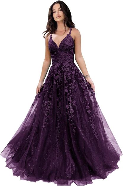 Tulle Prom Dresses for Women 2025 Sparkly Lace Appliques Long Ball Gowns Spaghetti Straps A-Line Evening Gowns-BMbridal.UK