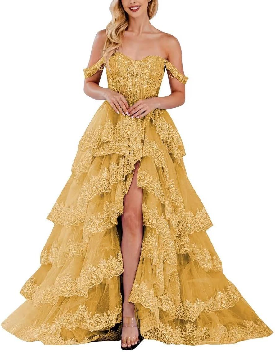 Lace Appliques Prom Dresses for Women Sparkly Tiered Tulle Off The Shoulder Formal Evening Gowns with Slit-BMbridal.UK