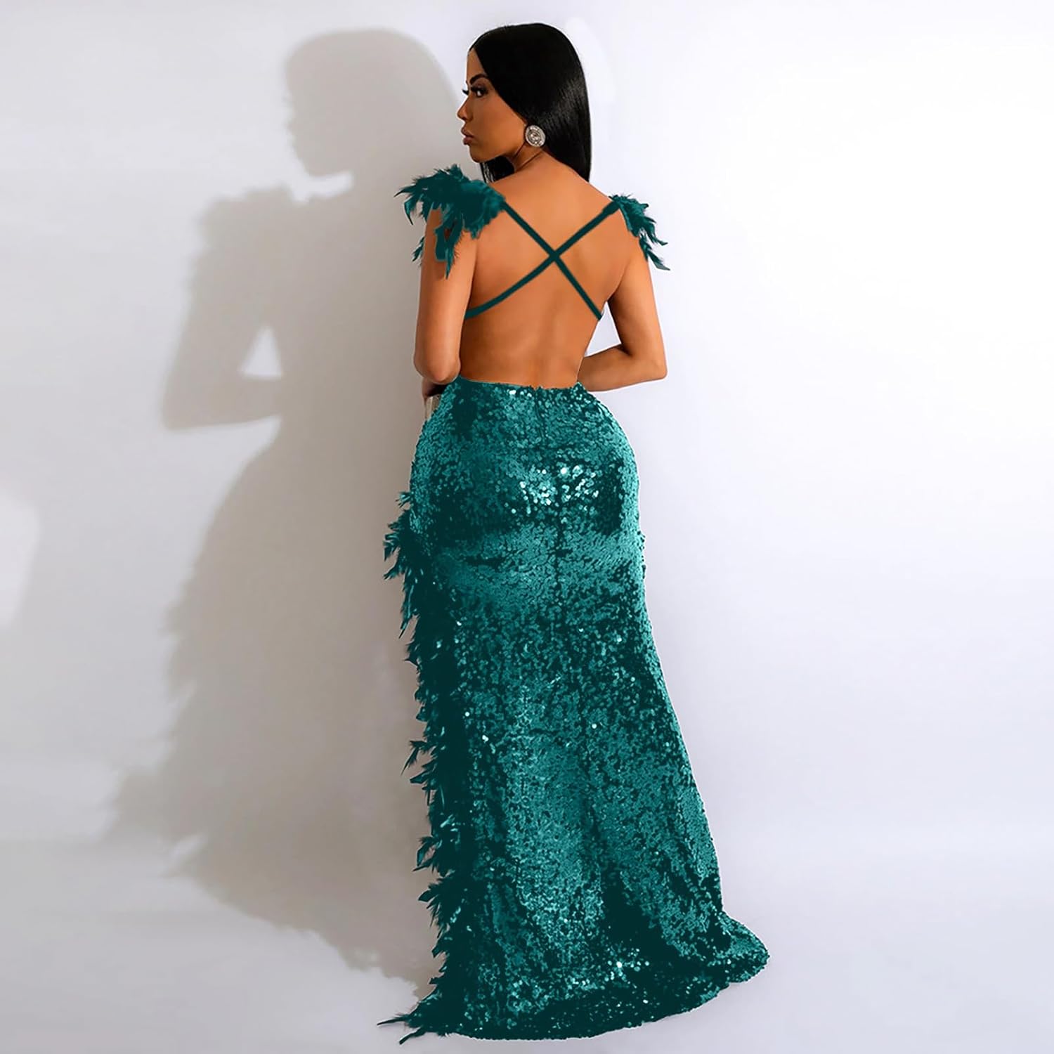 Women's Sexy Sequin Feather Prom Dresses 2025 High Slit Deep V Neck Evening Formal Masquerade Ball Gown Maxi Dress-BMbridal.UK
