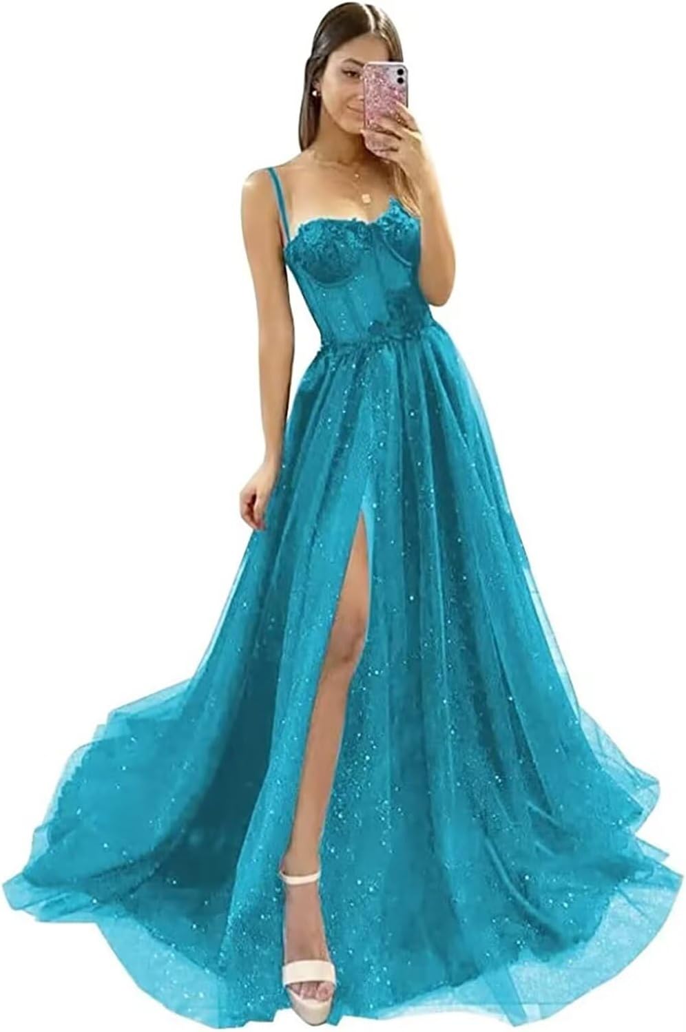Glitter Tulle Prom Dresses Long 2025 Spaghetti Straps Sweetheart 3D Flowers Evening Party Gowns with Slit-BMbridal.UK