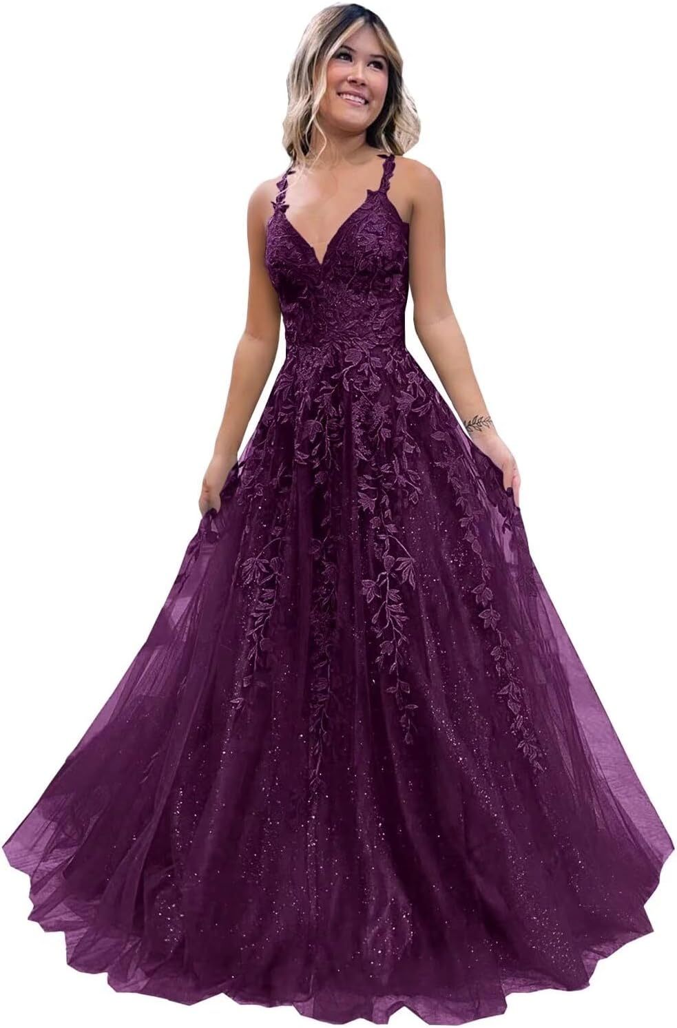 Tulle Lace Appliques Sparkly Prom Dresses A Line with Slit V Neck Formal Party Dress-BMbridal.UK