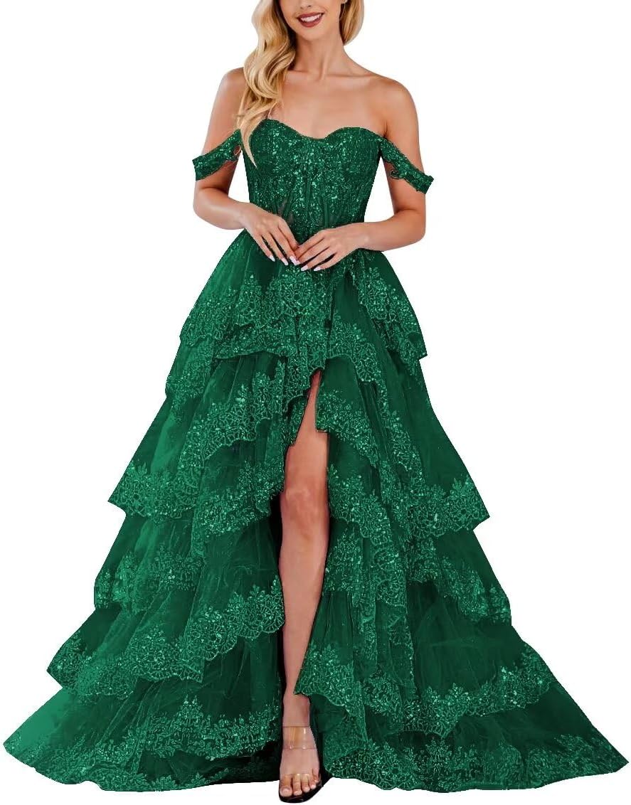 Lace Appliques Prom Dresses for Women Sparkly Tiered Tulle Off The Shoulder Formal Evening Gowns with Slit-BMbridal.UK