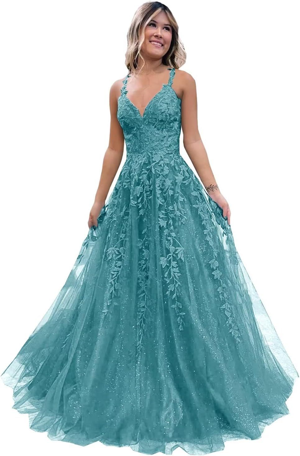 Tulle Lace Appliques Sparkly Prom Dresses A Line with Slit V Neck Formal Party Dress-BMbridal.UK