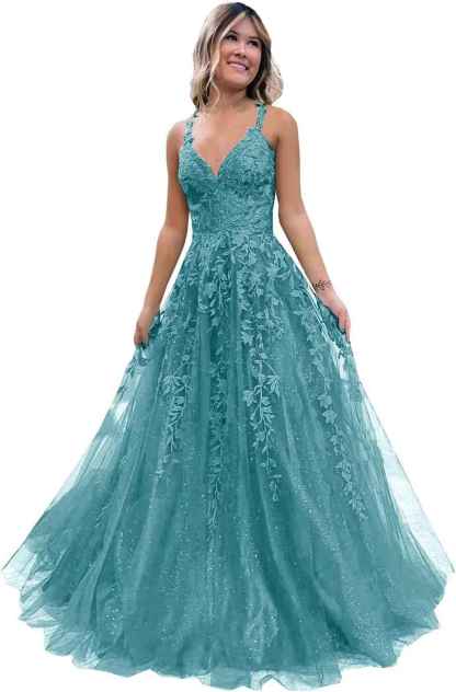 Tulle Lace Appliques Sparkly Prom Dresses A Line with Slit V Neck Formal Party Dress-BMbridal.UK