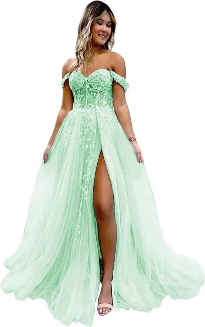 Off The Shoulder Tulle Prom Dresses with Slit Laces Applique Sweetheart Long Formal Evening Party Gowns-BMbridal.UK