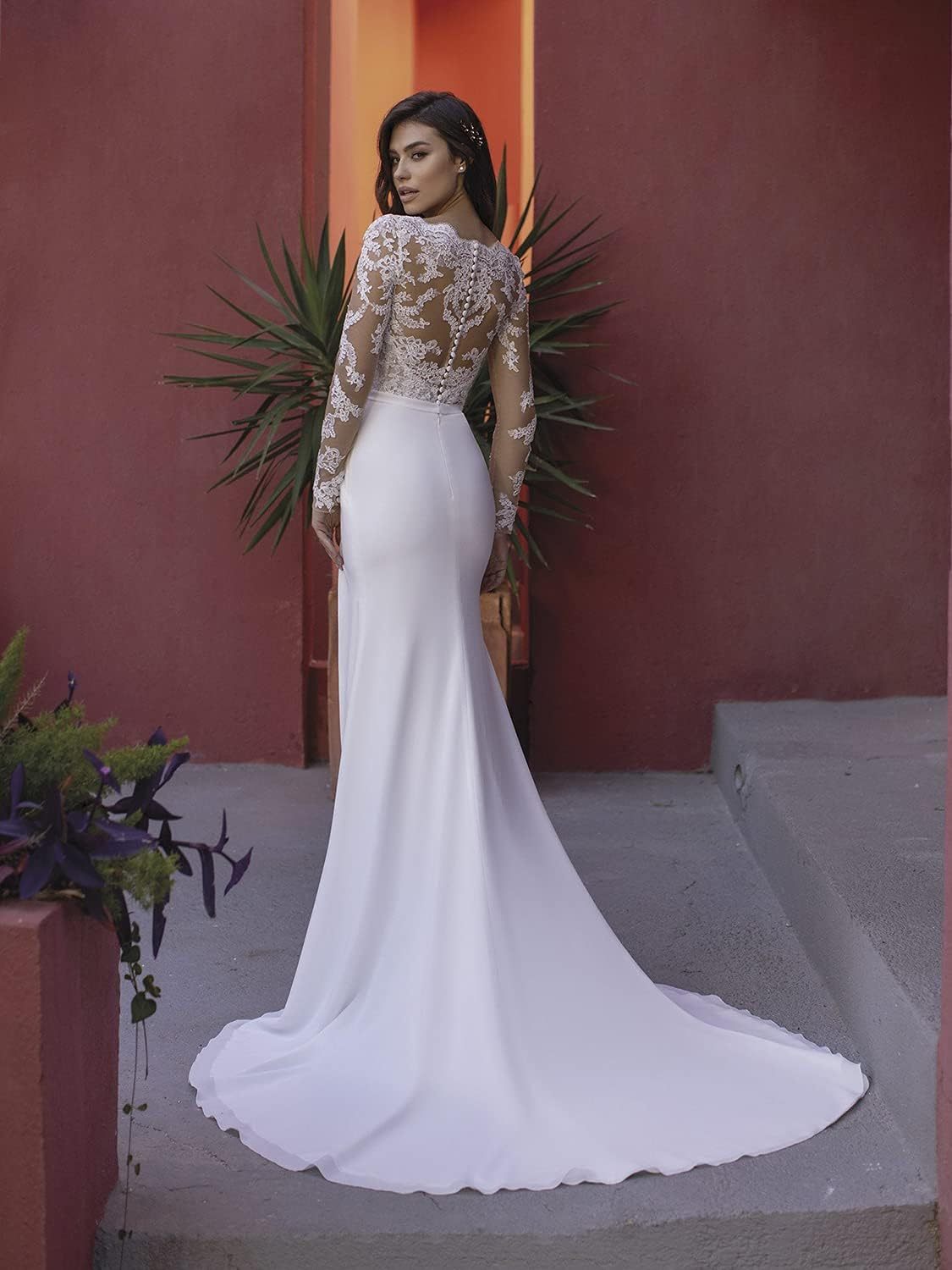 Loyeloy Women's Wedding Dresses for Bride 2025 Sexy V Neck Slit Lace Bridal Wedding Gowns for Bride YJ010-BMbridal.UK