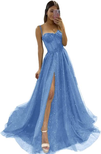 Glitter Tulle Prom Dresses Long 2025 Spaghetti Straps Sweetheart 3D Flowers Evening Party Gowns with Slit-BMbridal.UK