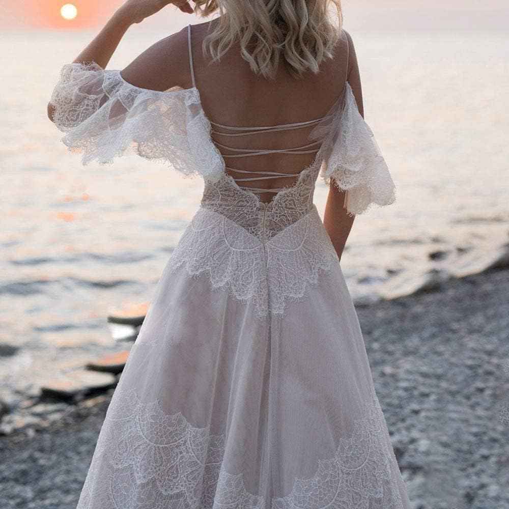 Women's Wedding Dresses Chic Lace Evening Dresses V Neck Ruffle Sleeves Beachy Boho Outdoorsy Wedding Gowns-BMbridal.UK