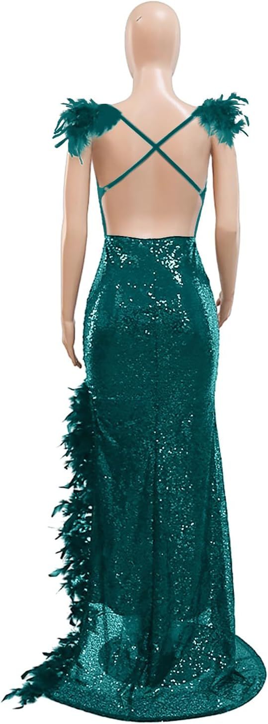 Women's Sexy Sequin Feather Prom Dresses 2025 High Slit Deep V Neck Evening Formal Masquerade Ball Gown Maxi Dress-BMbridal.UK