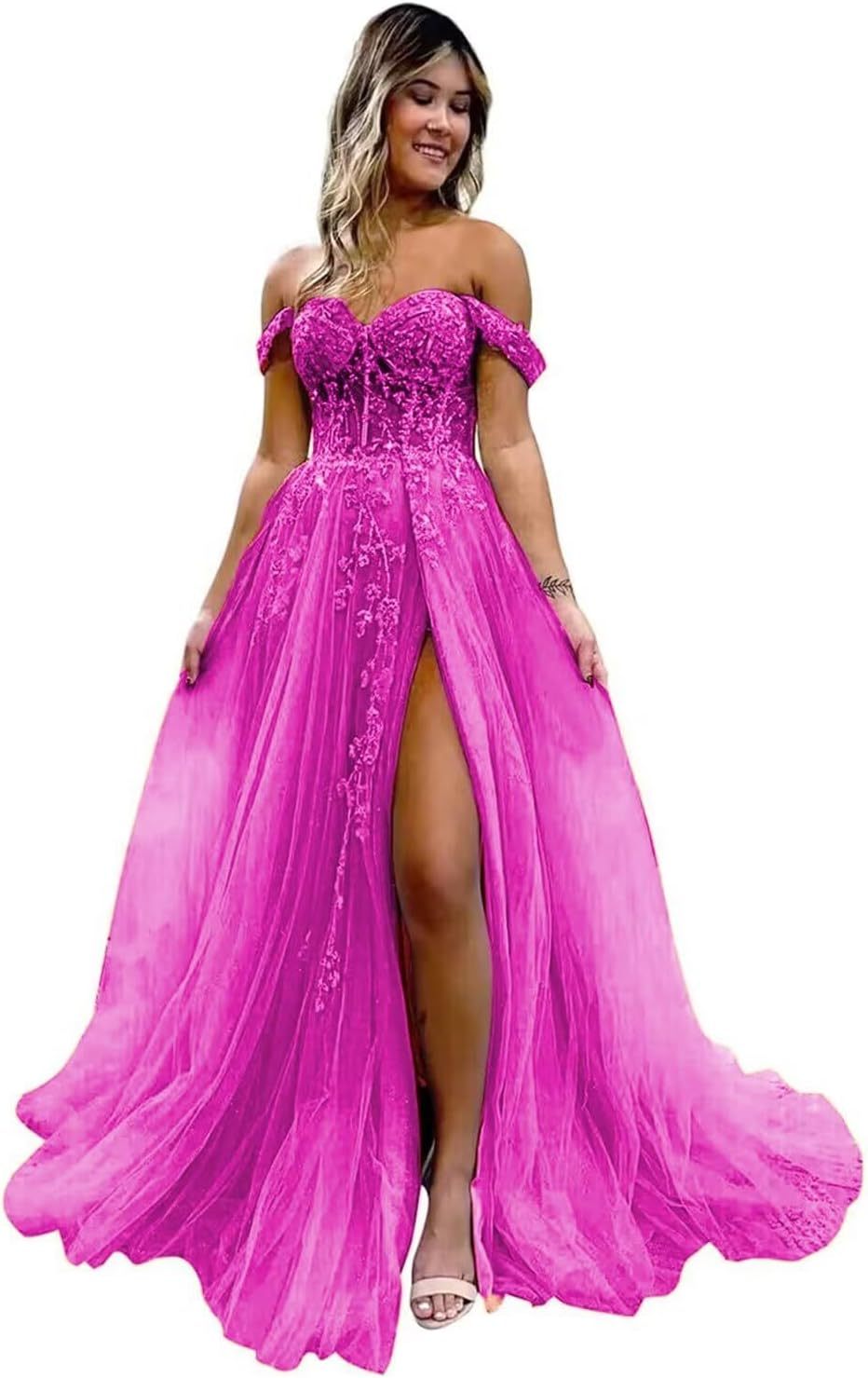 Off The Shoulder Tulle Prom Dresses with Slit Laces Applique Sweetheart Long Formal Evening Party Gowns-BMbridal.UK