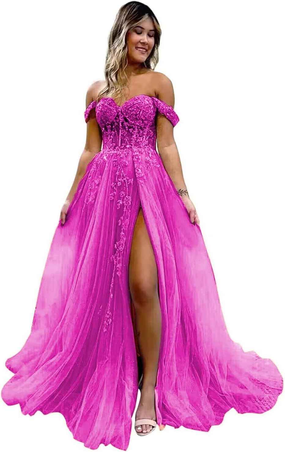 Off The Shoulder Tulle Prom Dresses with Slit Laces Applique Sweetheart Long Formal Evening Party Gowns-BMbridal.UK