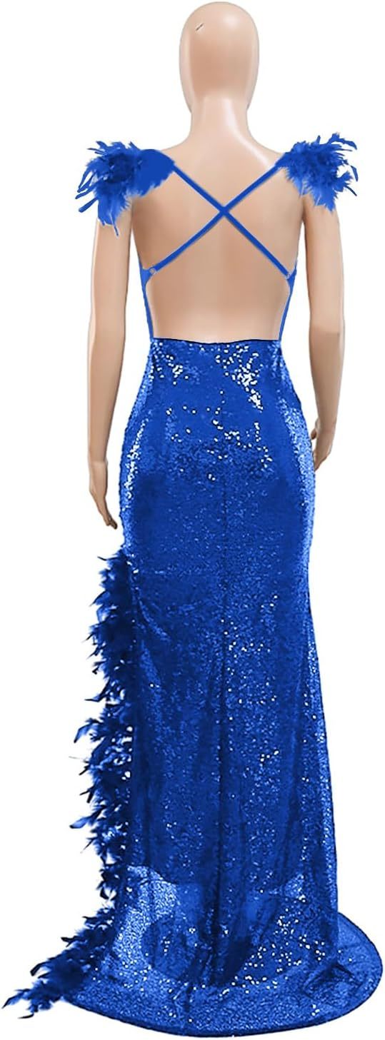 Women's Sexy Sequin Feather Prom Dresses 2025 High Slit Deep V Neck Evening Formal Masquerade Ball Gown Maxi Dress-BMbridal.UK