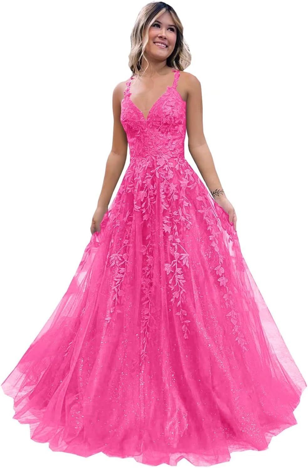 Tulle Lace Appliques Sparkly Prom Dresses A Line with Slit V Neck Formal Party Dress-BMbridal.UK