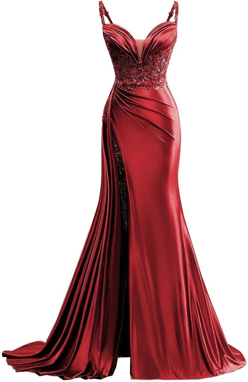 V Neck Satin Prom Dresses Long Mermaid Lace Evening Gown with Slit Pleated Bodycon Formal Dress with Tail-BMbridal.UK