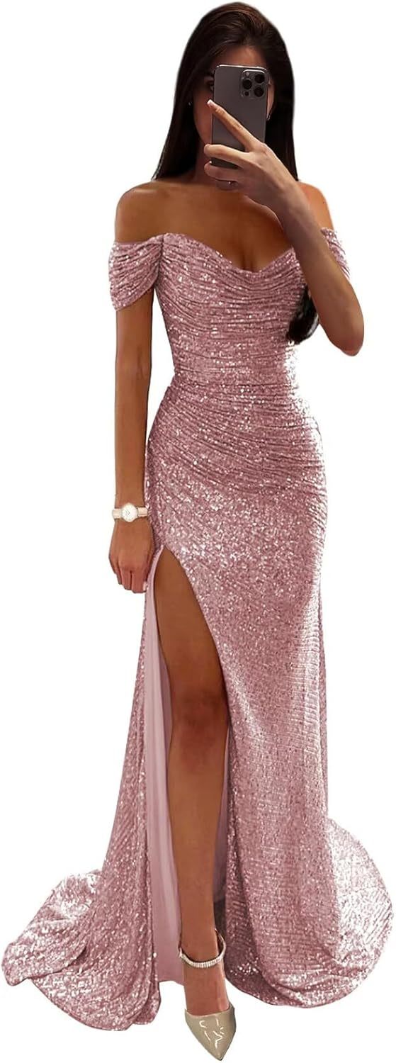 Sequin Prom Dresses for Women Off Shoulder V-Neck Long Ball Gown with Slit Formal Evening Party-BMbridal.UK