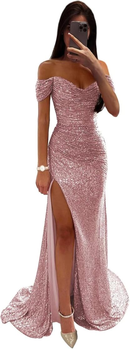 Sequin Prom Dresses for Women Off Shoulder V-Neck Long Ball Gown with Slit Formal Evening Party-BMbridal.UK
