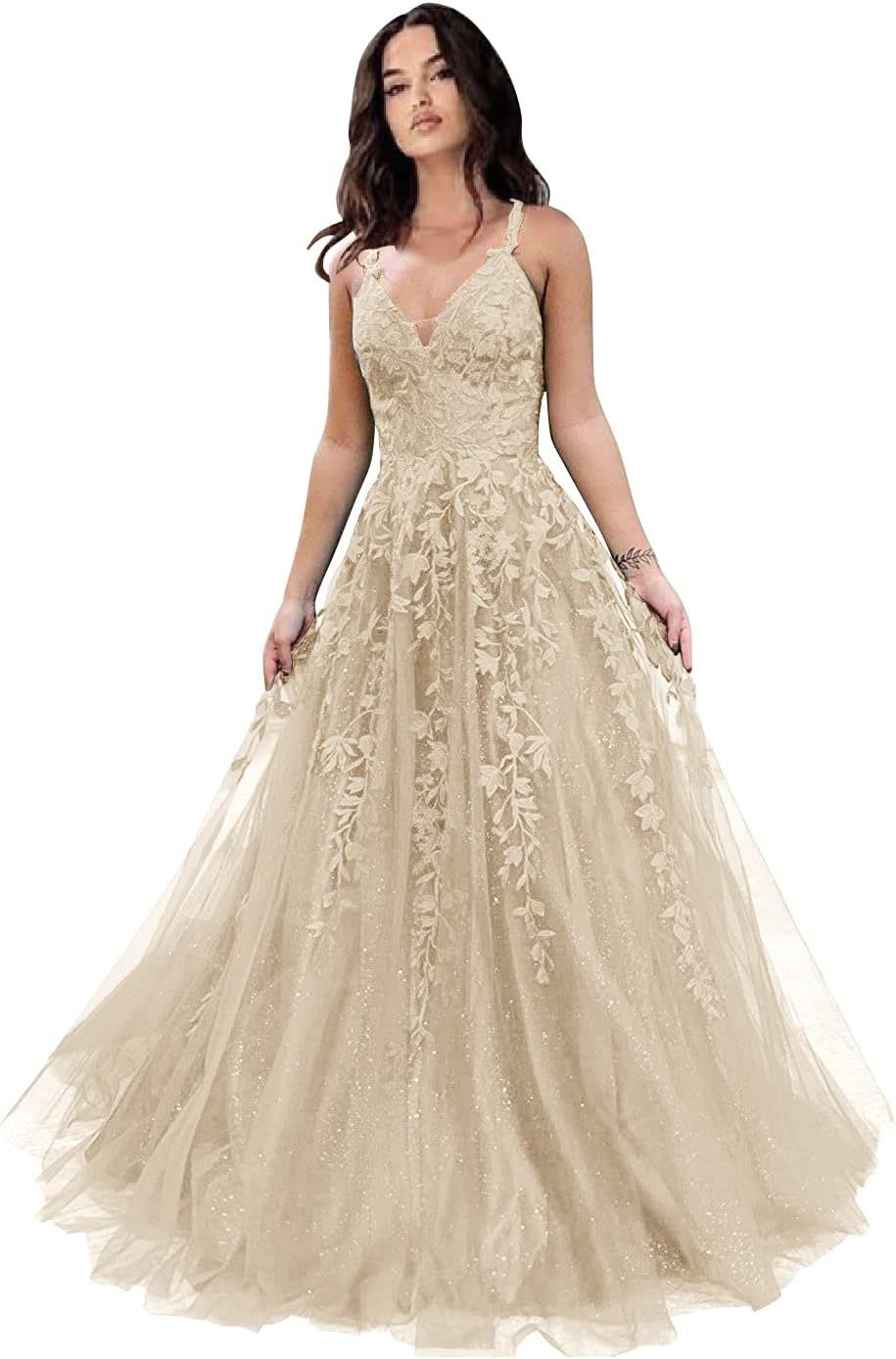 Tulle Prom Dresses for Women 2025 Sparkly Lace Appliques Long Ball Gowns Spaghetti Straps A-Line Evening Gowns-BMbridal.UK