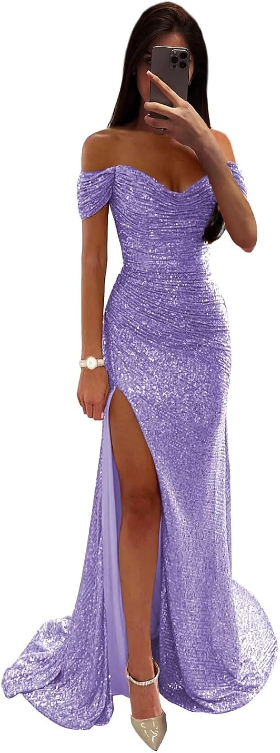 Sequin Prom Dresses for Women Off Shoulder V-Neck Long Ball Gown with Slit Formal Evening Party-BMbridal.UK