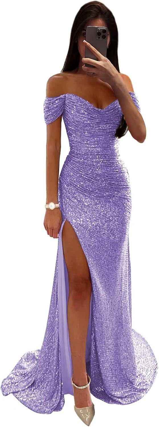Sequin Prom Dresses for Women Off Shoulder V-Neck Long Ball Gown with Slit Formal Evening Party-BMbridal.UK