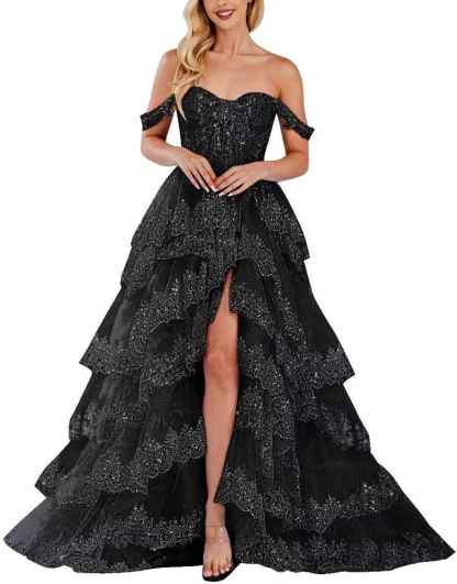 Lace Appliques Prom Dresses for Women Sparkly Tiered Tulle Off The Shoulder Formal Evening Gowns with Slit-BMbridal.UK