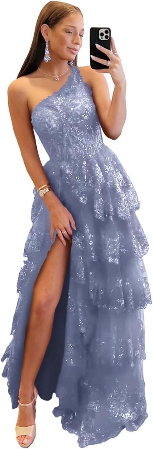 One Shoulder Lace Tulle Tiered Prom Dress Sparkly Sequined Applique Long Maxi Formal Evening Party Gowns 2025-BMbridal.UK