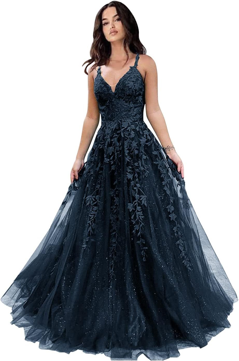 Tulle Prom Dresses for Women 2025 Sparkly Lace Appliques Long Ball Gowns Spaghetti Straps A-Line Evening Gowns-BMbridal.UK