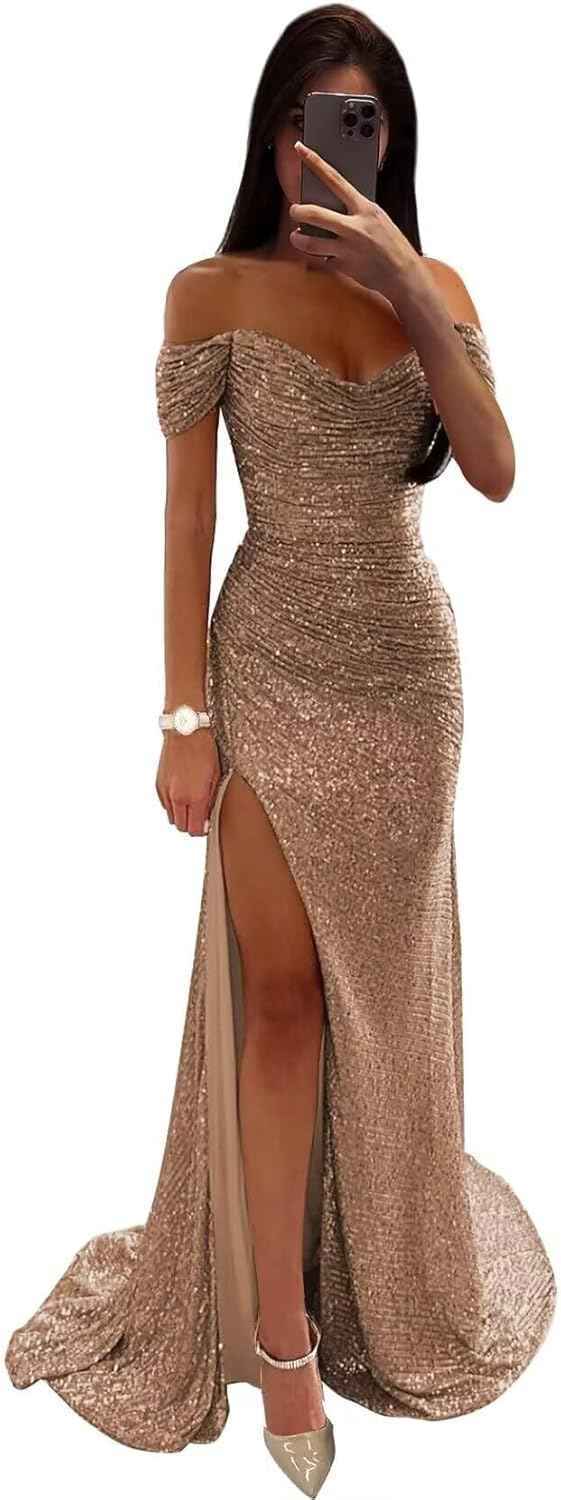 Sequin Prom Dresses for Women Off Shoulder V-Neck Long Ball Gown with Slit Formal Evening Party-BMbridal.UK