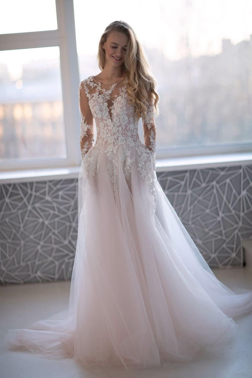 Loyeloy Women's Wedding Dresses for Bride 2025 Sexy V Neck Slit Lace Bridal Wedding Gowns for Bride YJ010-BMbridal.UK