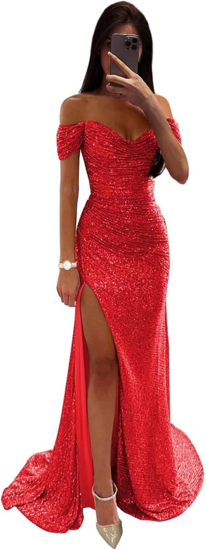 Sequin Prom Dresses for Women Off Shoulder V-Neck Long Ball Gown with Slit Formal Evening Party-BMbridal.UK