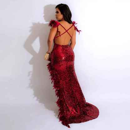 Women's Sexy Sequin Feather Prom Dresses 2025 High Slit Deep V Neck Evening Formal Masquerade Ball Gown Maxi Dress-BMbridal.UK