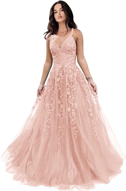 Tulle Prom Dresses for Women 2025 Sparkly Lace Appliques Long Ball Gowns Spaghetti Straps A-Line Evening Gowns-BMbridal.UK