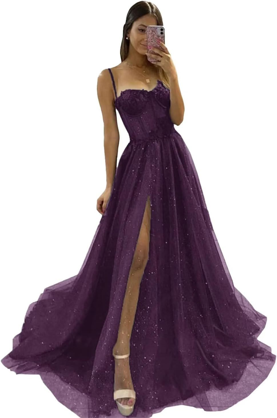 Glitter Tulle Prom Dresses Long 2025 Spaghetti Straps Sweetheart 3D Flowers Evening Party Gowns with Slit-BMbridal.UK