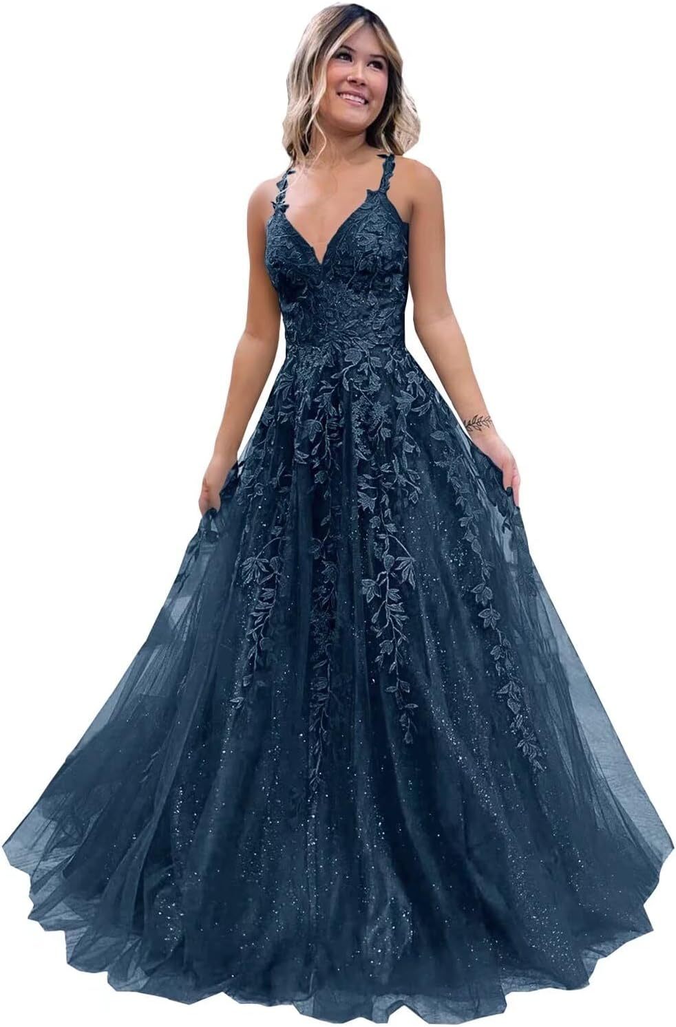 Tulle Lace Appliques Sparkly Prom Dresses A Line with Slit V Neck Formal Party Dress-BMbridal.UK