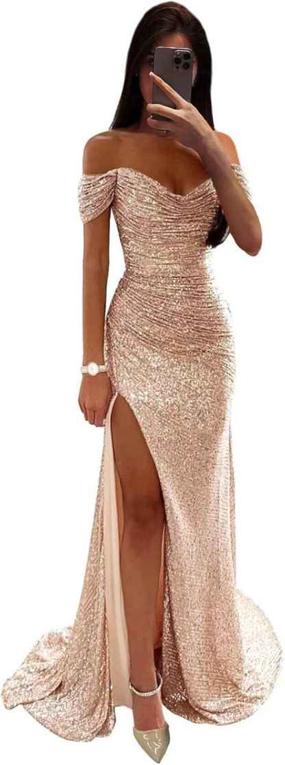 Sequin Prom Dresses for Women Off Shoulder V-Neck Long Ball Gown with Slit Formal Evening Party-BMbridal.UK