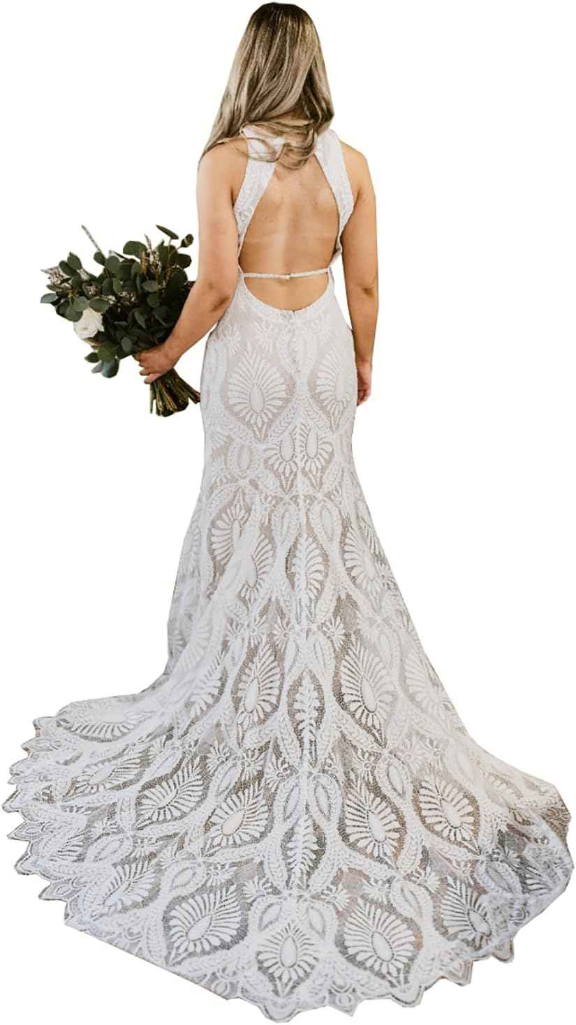 Women's Beach Wedding Dresses for Bride 2022 Vintage Long Sleeves Lace Bohemian Bridal Gown-BMbridal.UK