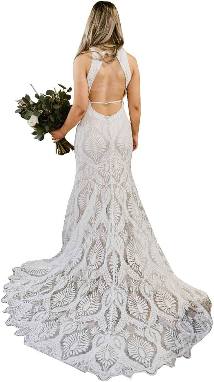Women's Beach Wedding Dresses for Bride 2022 Vintage Long Sleeves Lace Bohemian Bridal Gown-BMbridal.UK