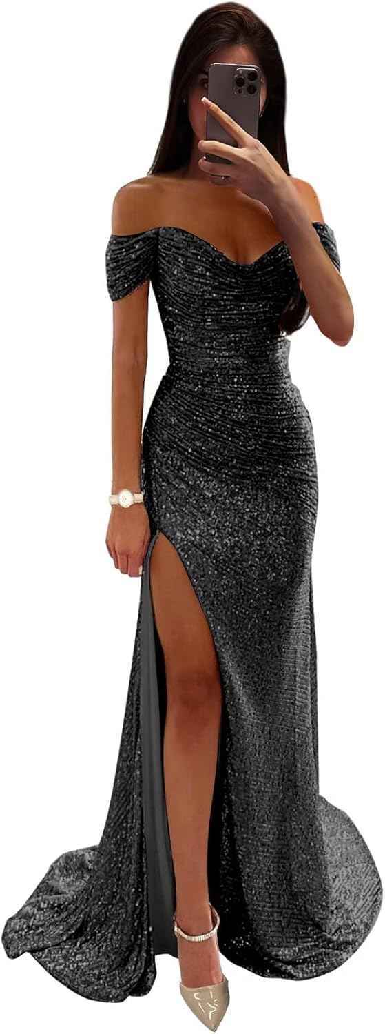 Sequin Prom Dresses for Women Off Shoulder V-Neck Long Ball Gown with Slit Formal Evening Party-BMbridal.UK