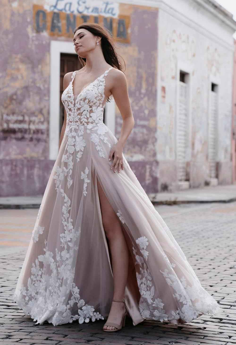 Loyeloy Women's Wedding Dresses for Bride 2025 Sexy V Neck Slit Lace Bridal Wedding Gowns for Bride YJ010-BMbridal.UK