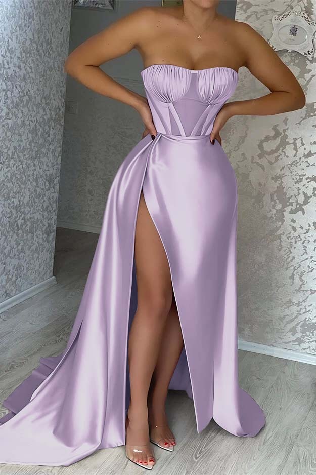 Sexy Pink Strapless Sleeveless Mermaid Prom Dress With Split Ruffles