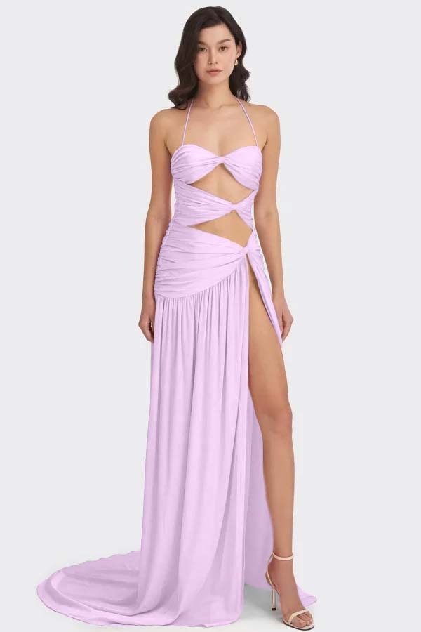 Chic Sleeveless Halter Long High Split Prom Dress With Pleated