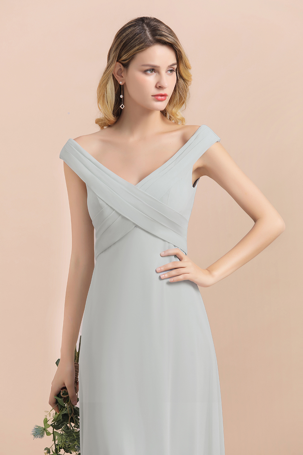 BMbridal Modest Off-the-Shoulder Mist Chiffon Bridesmaid Dresses with Pleats-BMbridal