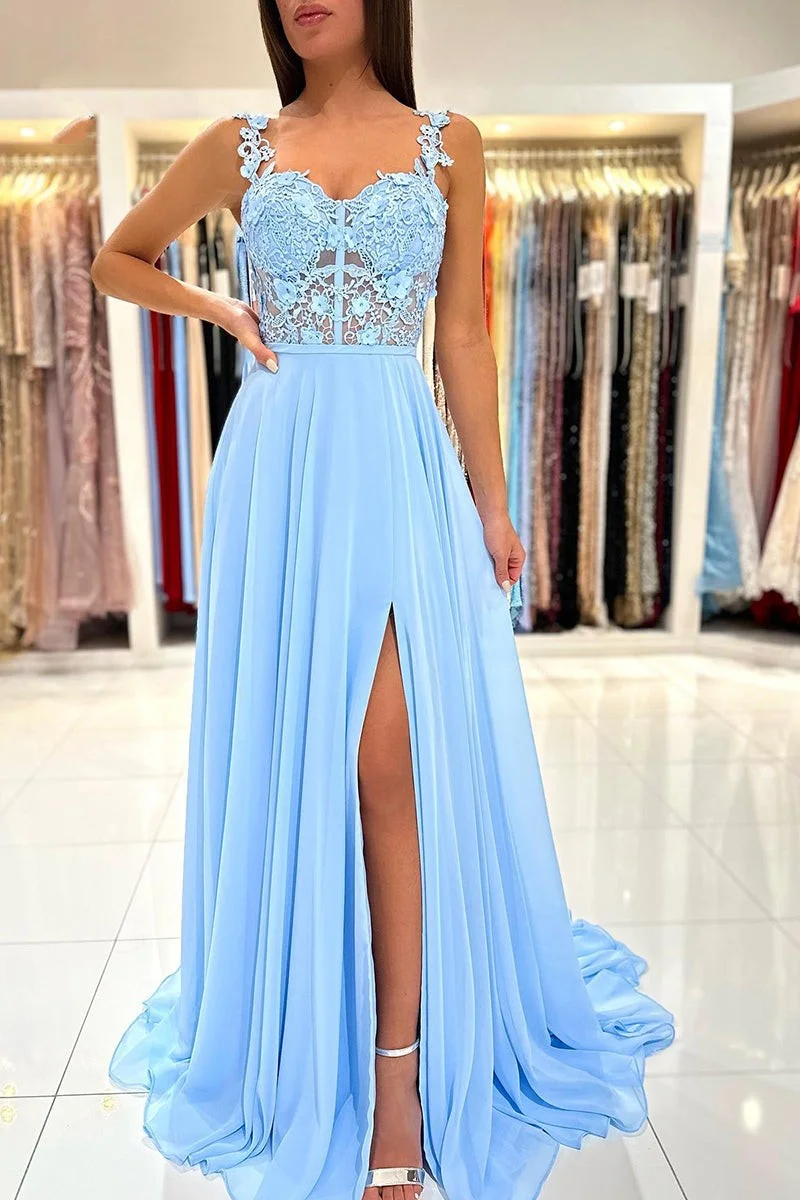 Straps Sleeveless Long A Line Split Prom Dress With Appliques