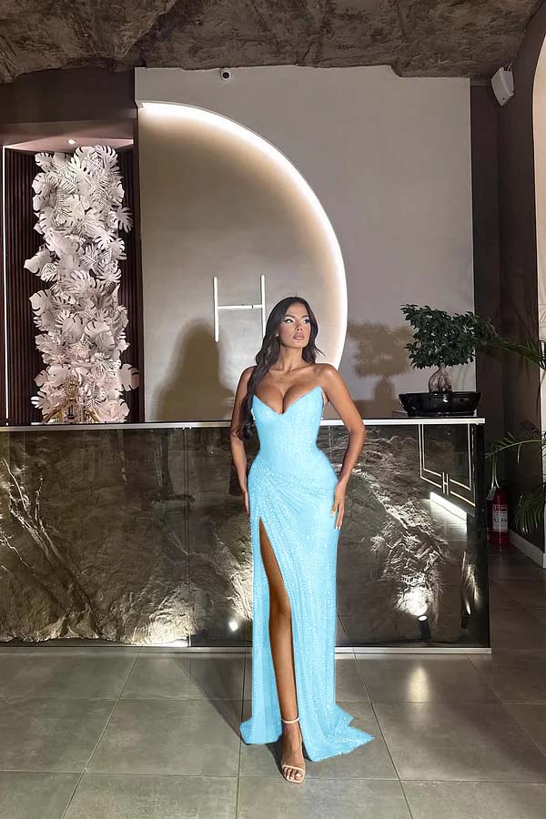 Sequin Strapless Sleeveless Long Split Prom Dress With Pleated