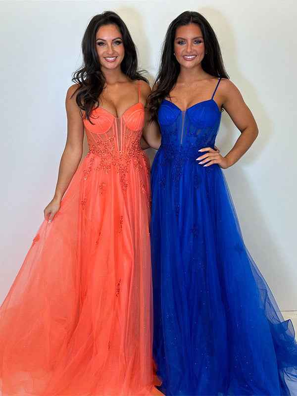 Royal Blue Spaghetti Straps A-Line Tulle Prom Dress with Appliques