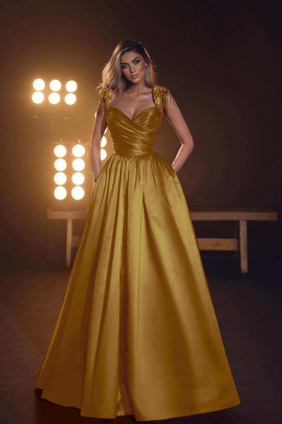 Straps Sleeveless Long Prom Dress With Pleated Pockets Sequins